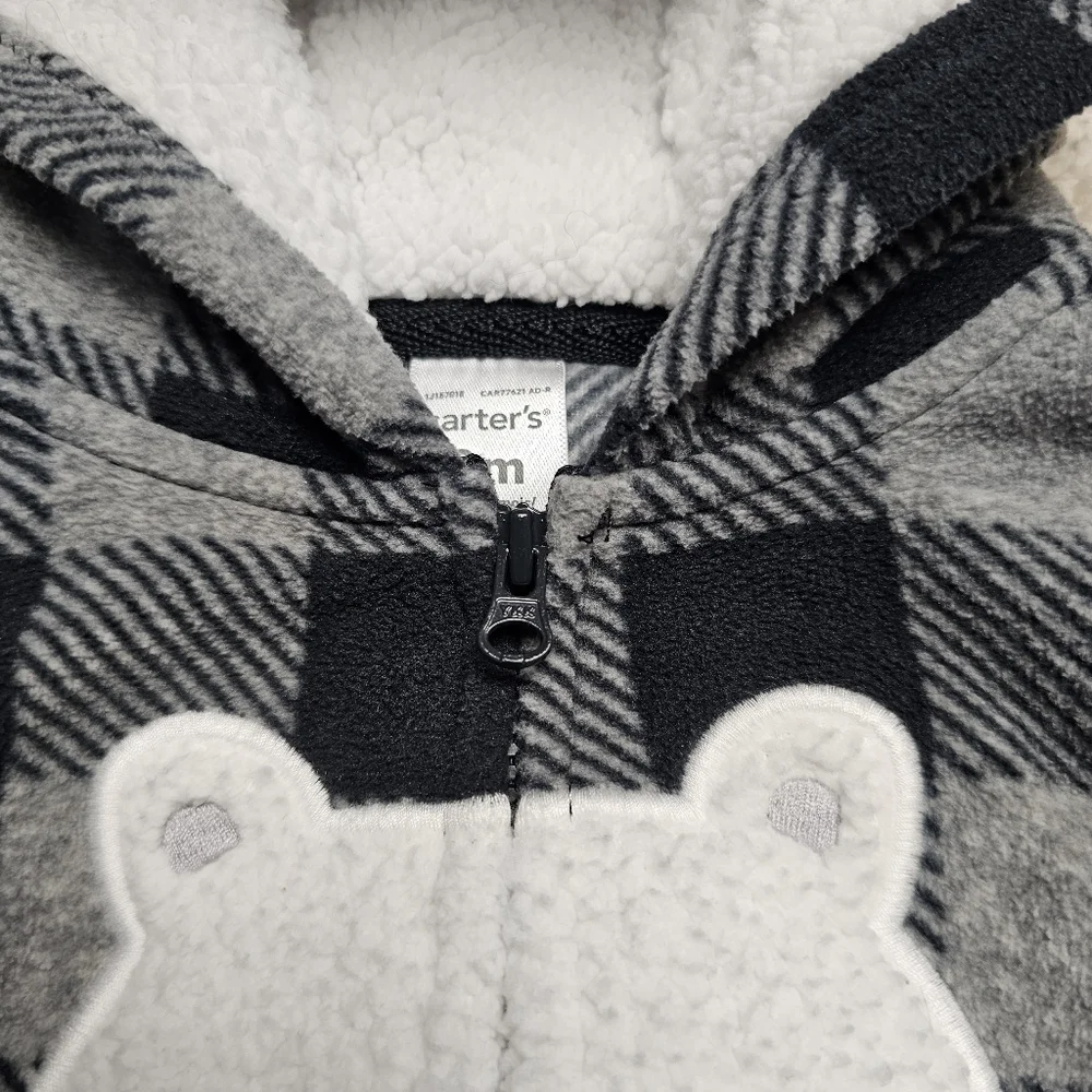 Carter's One Piece Velour Sherpa Zip Front Hooded Bear Front Applique 9 Months